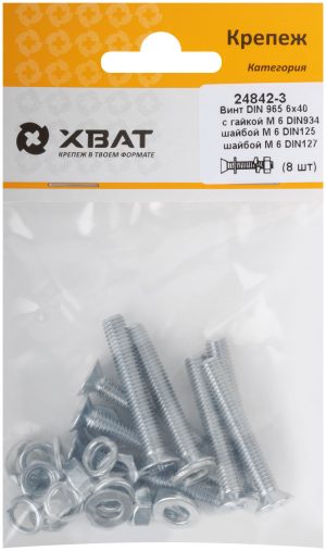 Комплект: Винт DIN965 6х40,  с гайкой М6 DIN934, шайбой М 6 DIN125, шайбой М 6 DIN127  (фасовка 8шт.)